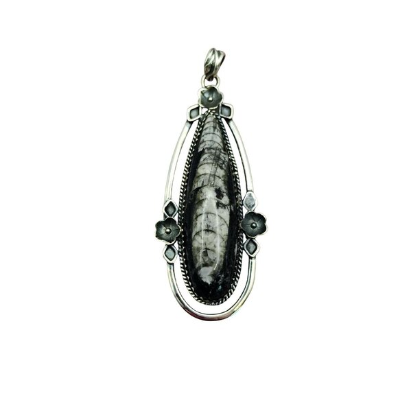 Orthoceras Fossil Pendant With Floral Sterling Silver Setting 3" Long - Picture 2 of 6